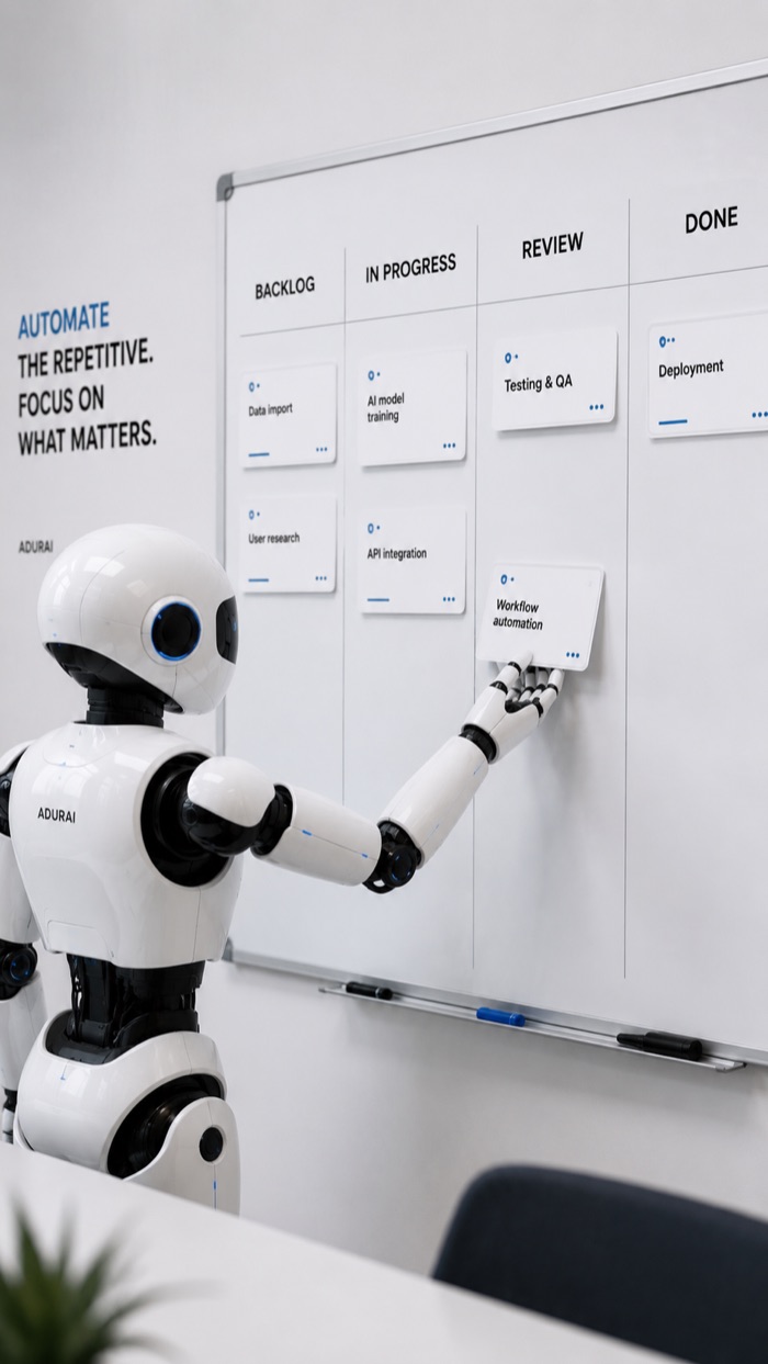 adurai robot bij een workflow-bord met taken