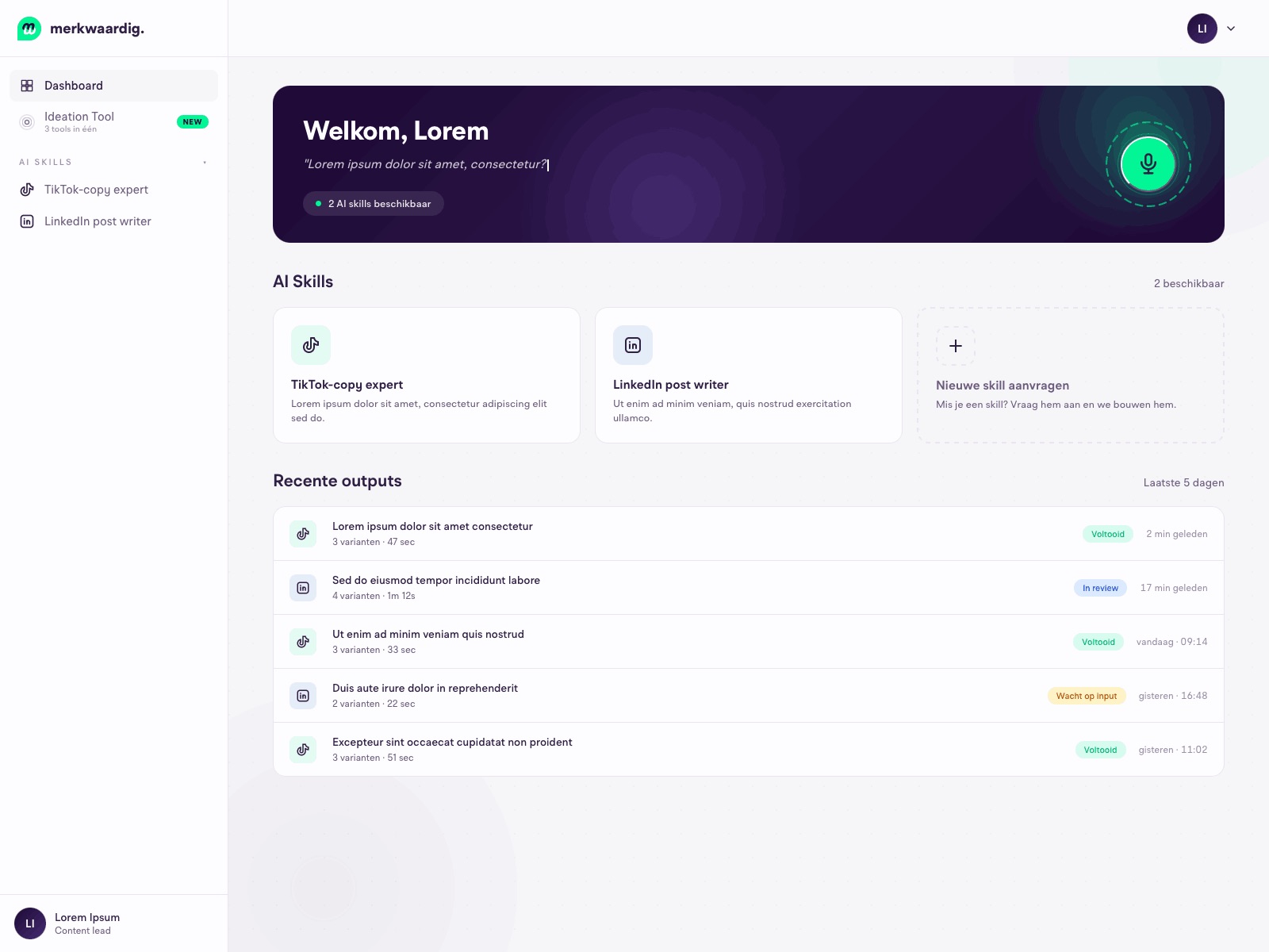 Dashboard van het contentbureau-platform
